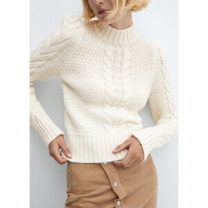 Mango Women's Knitted braided sweater turtleneck long sleeve Size S in Ecru